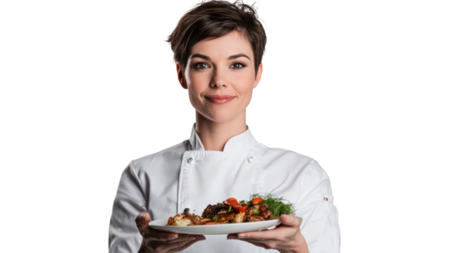 A skilled chef proudly presents a beautifully plated dish with fresh ingredients, showcasing culinary expertise and passion for gourmet cooking. - Powered by Adobe
