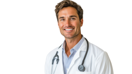 A smiling male doctor wearing a white coat and stethoscope, conveying warmth and professionalism in a healthcare setting.