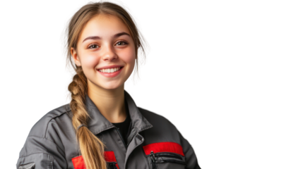 A smiling young woman in a work uniform, showcasing confidence and enthusiasm. Perfect for themes of empowerment, profession, and work environment.