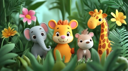 Naklejka premium Cute cartoon animals in a lush jungle setting. Four adorable animals, elephant, lion, giraffe, bear, amidst vibrant foliage and flowers. Ideal for children's books or educational materials..