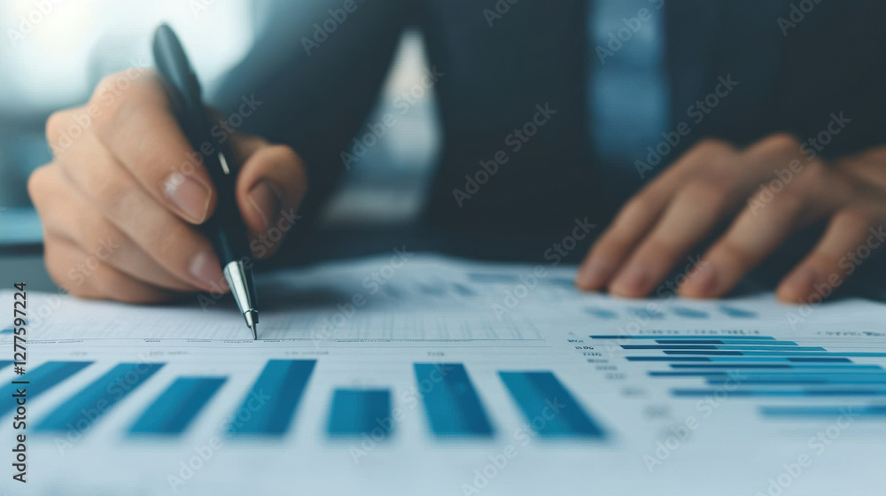 Poster business professional analyzing graphs and charts with pen, showcasing data driven decision making a
