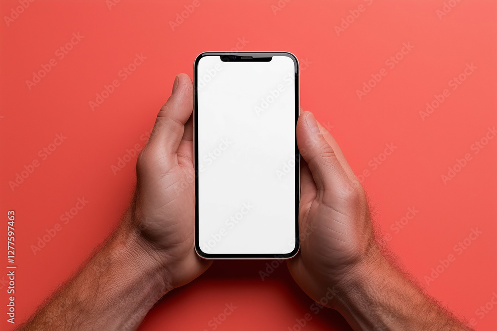 Poster smartphone in hand on red background. hand holding smartphone with blank screen on red background. p