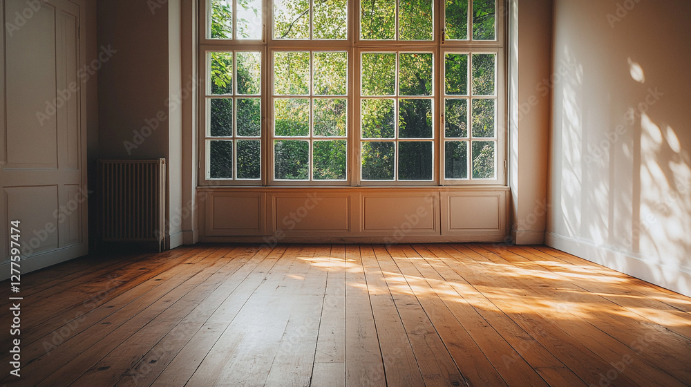 Poster bright empty room with sunlight streaming through large window