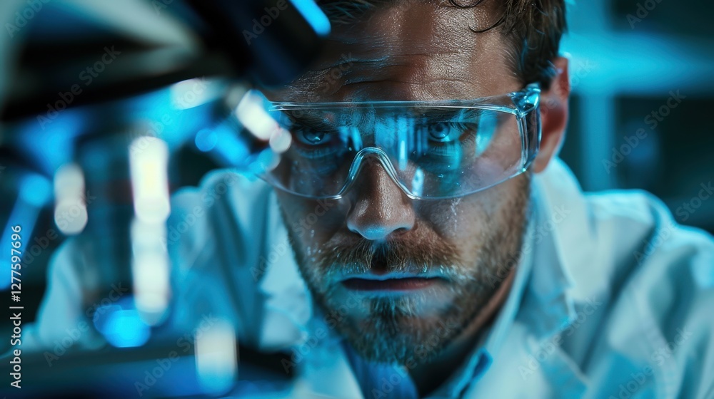 Poster focused scientist analyzing material under microscope in laboratory setting with intense concentrati