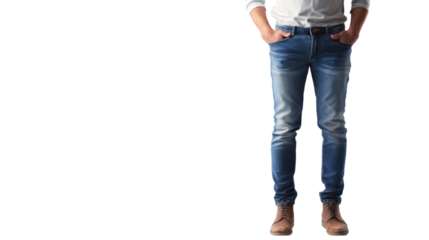 A stylish individual stands confidently with hands in pockets, showcasing casual outfit featuring jeans and shirt, perfect for modern lifestyle photography.