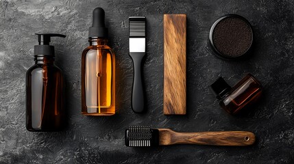 Beard grooming kit on dark surface;  natural oils, brushes, and tools; flat lay