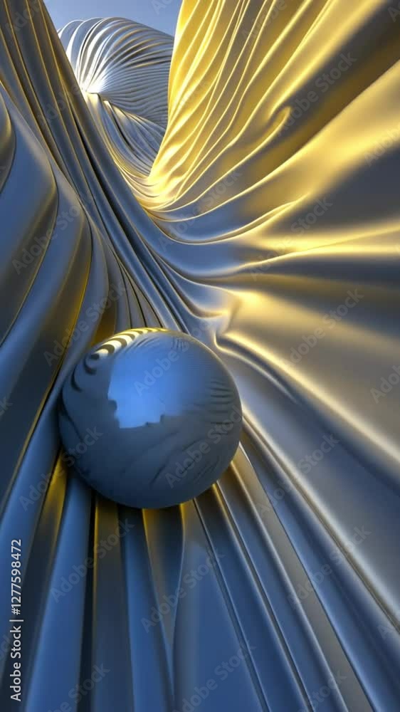 Poster abstract 3d render: sphere in a wave of metallic fabric