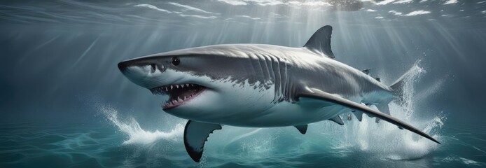 Obraz premium A majestic Great White Shark breaks through the water's surface with its powerful body exposed , great white, dorsal fin, movement