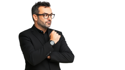 A thoughtful man in eyeglasses, dressed in a black suit, pondering his next move, embodying confidence and professionalism in the workplace.