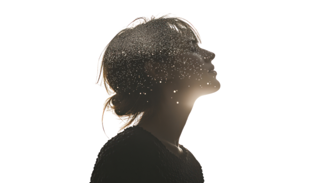 A thoughtful person silhouetted against a sparkling backdrop, symbolizing introspection and inner peace, capturing emotions and serenity.