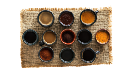 A vibrant arrangement of assorted coffee mugs filled with various types of coffee, showcasing rich colors and textures on a woven surface.