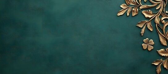 Gold floral design elements and clover on emerald green textured background with copy space. St Patrick's Day holiday border banner for greeting card or party invitation