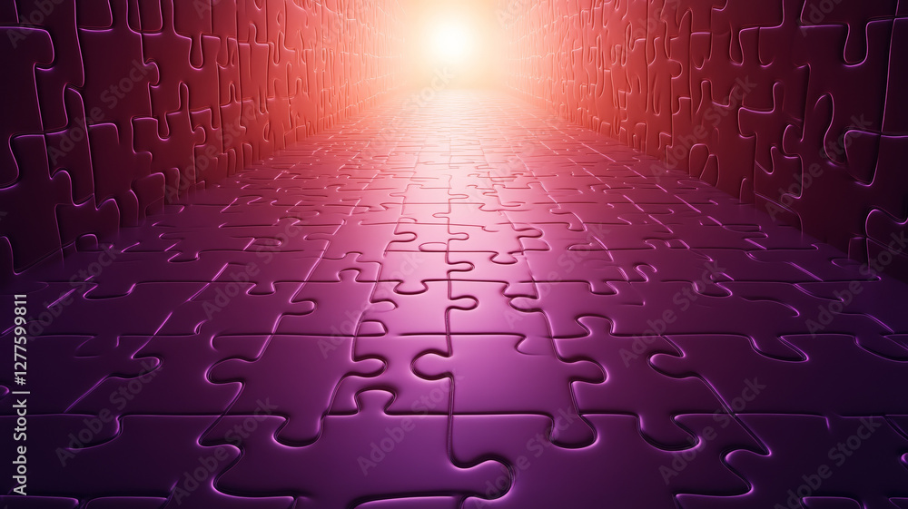 Poster mesmerizing image of large purple puzzle leading towards bright light, creating sense of depth and i