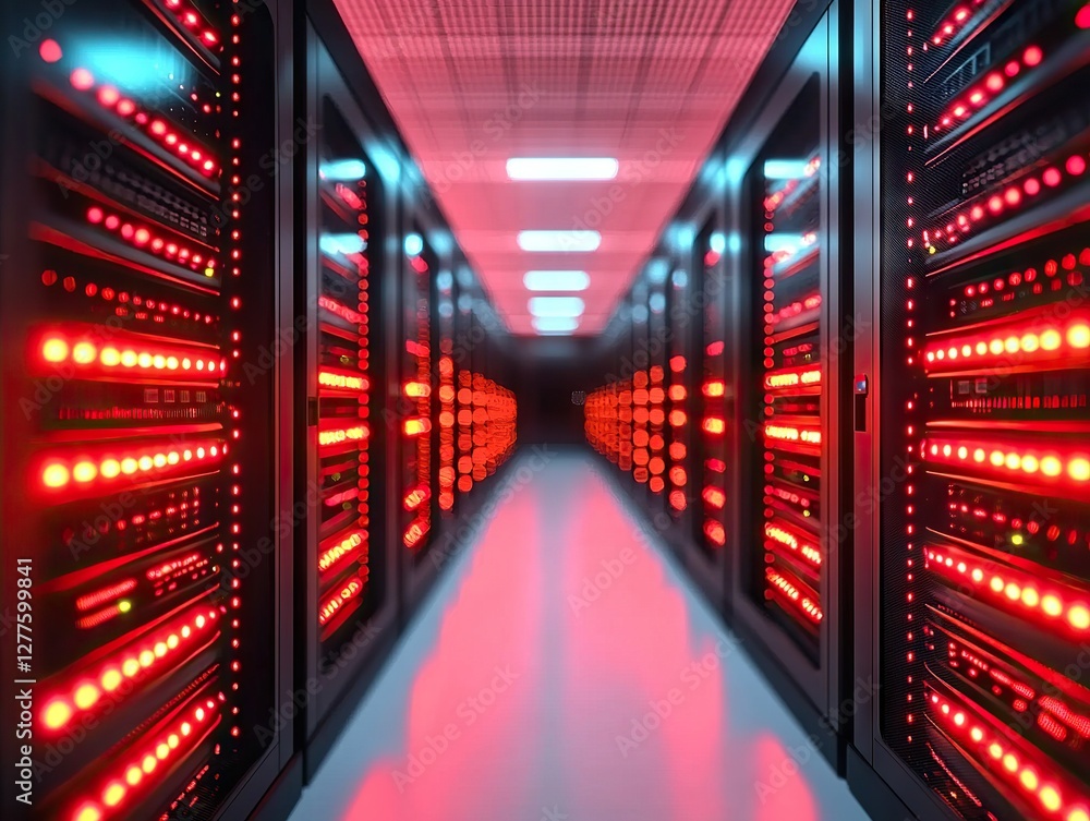 Poster data center operations high-tech facility digital infrastructure modern environment wide-angle view 