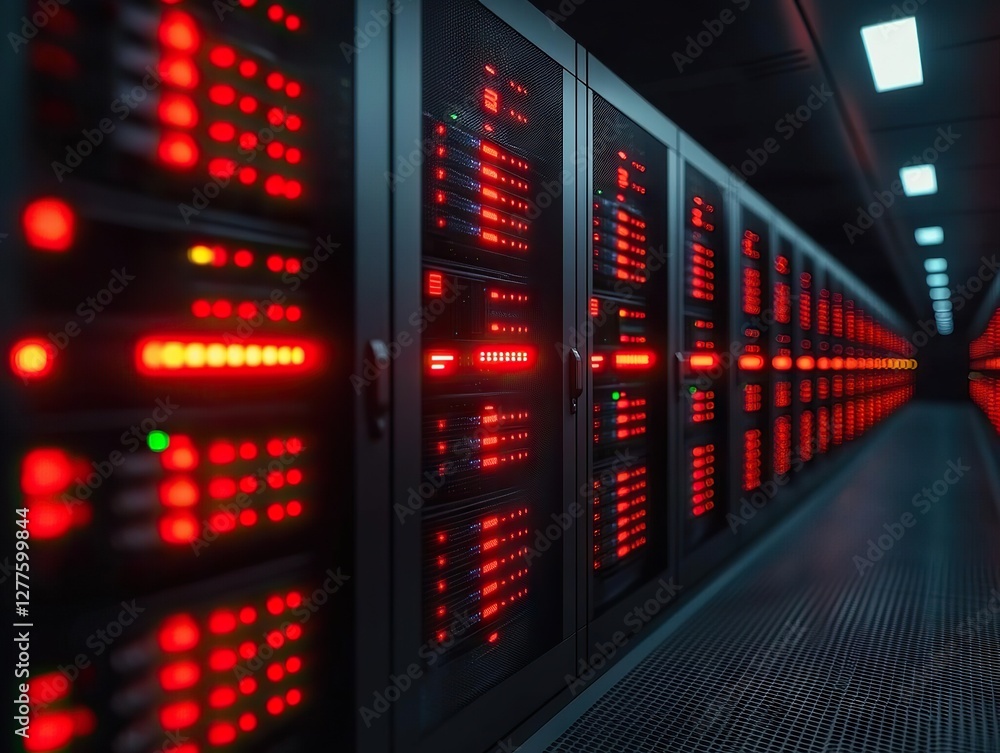 Poster data center operations red led lights illuminate servers high-tech environment close-up perspective 