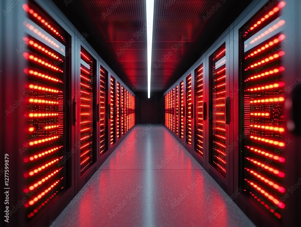 Poster data center operations high-tech facility server racks modern environment low angle technology insig