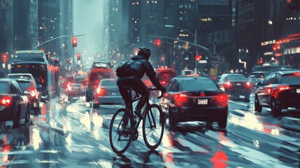 Rainy Cityscape: Cyclist Navigating Urban Traffic
