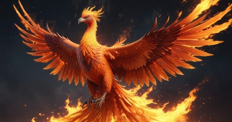 A majestic phoenix made of pixels rises from a sea of fiery flames , mythical creature, burning landscape