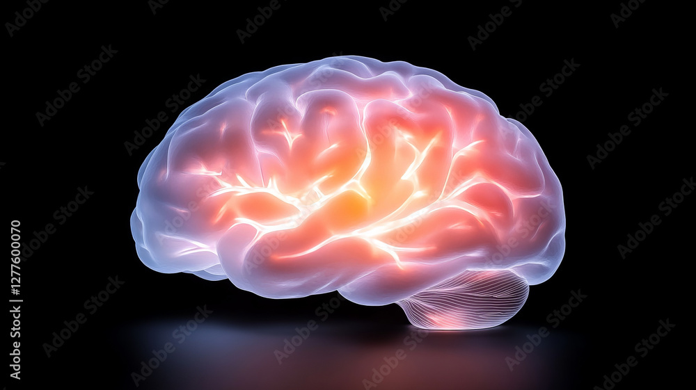 Poster close up image of brain model illuminated with vibrant colors, showcasing intricate neural pathways 