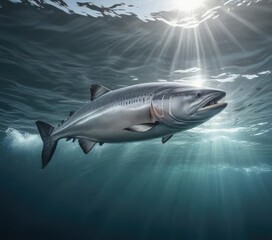 A majestic silver salmon glides through the ocean currents , silver salmon, scales