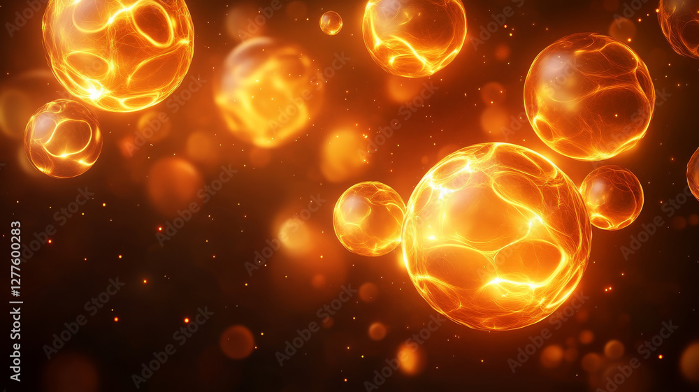 Poster cluster of glowing orange spheres floating in dark background creates mesmerizing visual effect, evo
