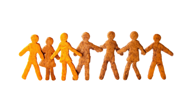 A vibrant group of cut-out figures holding hands symbolizes unity and connection. This artwork represents community spirit and togetherness.