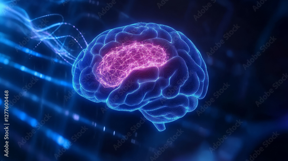 Poster digital representation of brain with glowing neural connections, symbolizing intelligence and techno