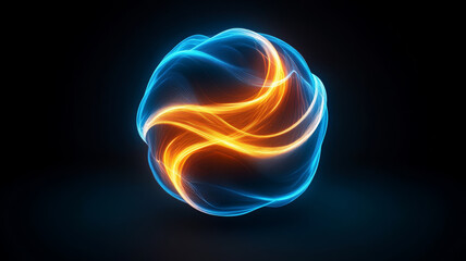 colorful abstract sphere with glossy finish, featuring vibrant blue and orange light trails that create dynamic and energetic appearance. glowing design evokes sense of movement and creativity