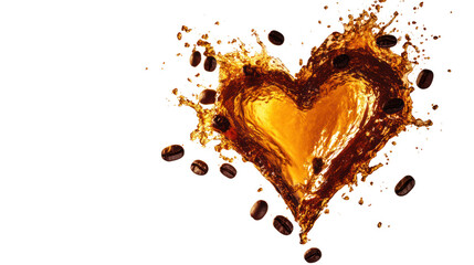 A vibrant splash of coffee creating a heart shape, symbolizing love for coffee. Perfect for marketing coffee shops or beverage promotions.