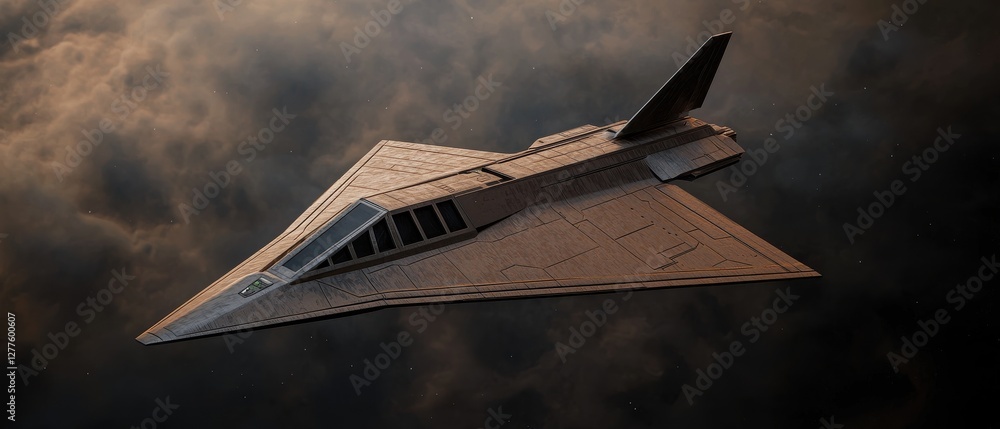 Poster a sleek, futuristic aircraft glides through a cloudy sky, showcasing advanced aerodynamic design and
