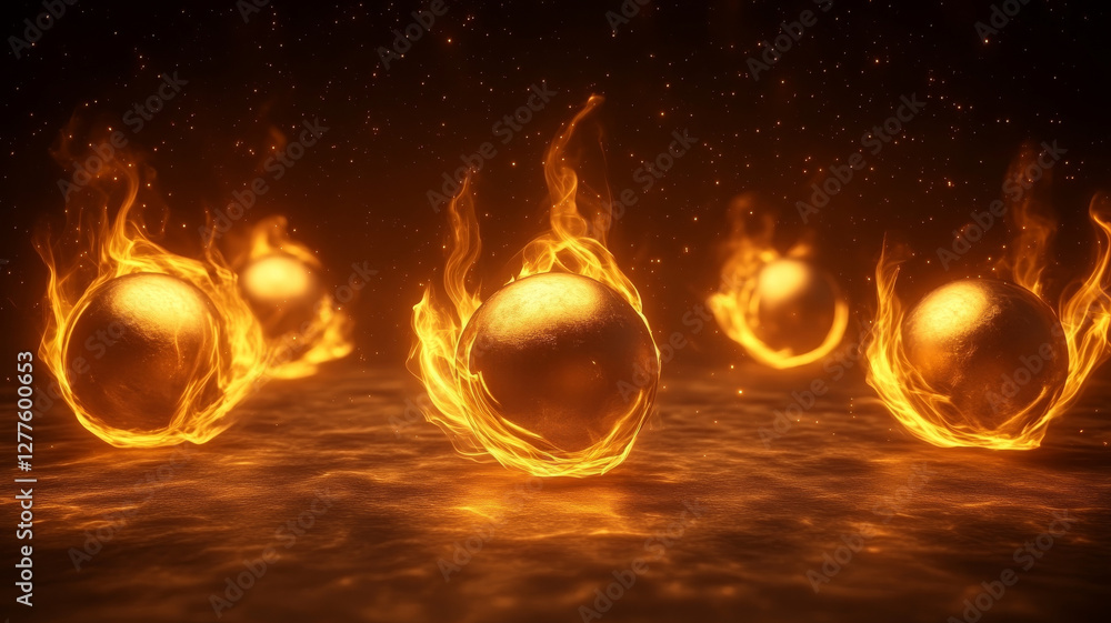 Poster dramatic scene featuring multiple metallic spheres surrounded by flames, creating captivating visual