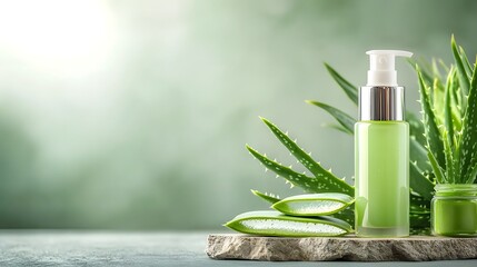 Close up of an aloe vera after sun gel tube positioned next to a fresh aloe leaf on a smooth stone surface with clean white background and copy space  Showcasing the natural