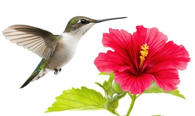 Fototapeta premium A vibrant hummingbird hovering near a bright red hibiscus flower against a white background