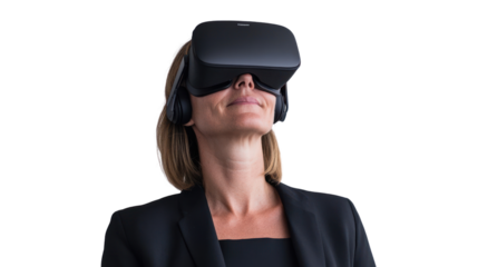 A woman experiences virtual reality, showcasing the future of immersive technology in everyday life. The VR headset offers a glimpse into innovative digital spaces.