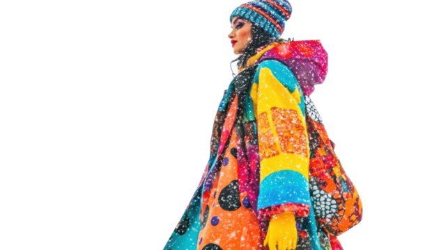 A woman in a vibrant, colorful coat walks gracefully in the snow, showcasing her unique style amid a winter wonderland.