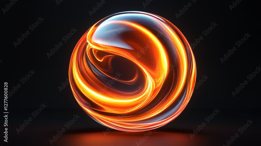 Poster dynamic glossy spiral sphere with fluid forms and vibrant colors, creating captivating visual effect