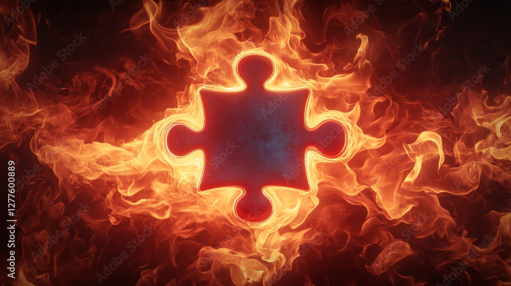 Poster dynamic shot of colorful puzzle piece surrounded by vibrant flames, creating striking visual contras