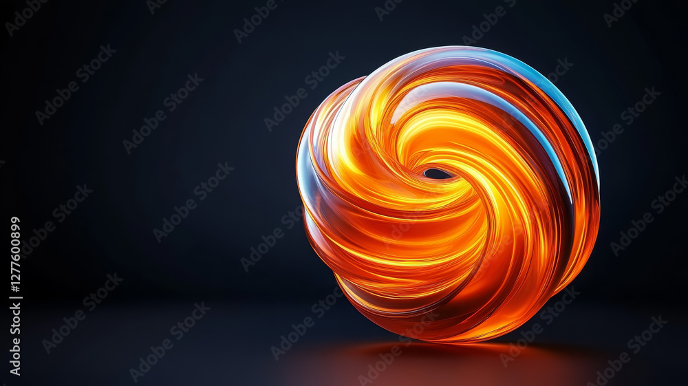 Poster dynamic glossy spiral sphere with fluid forms, showcasing vibrant orange and blue colors against dar