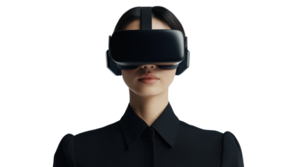 A woman wearing a futuristic virtual reality headset, immersed in an innovative digital experience, showcasing the advancements of technology in everyday life.