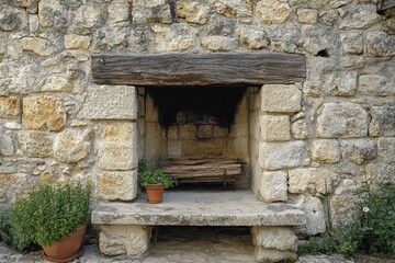 Rustic stone fireplace with wood beam, plants. Perfect for rustic, vintage, or historical themes.