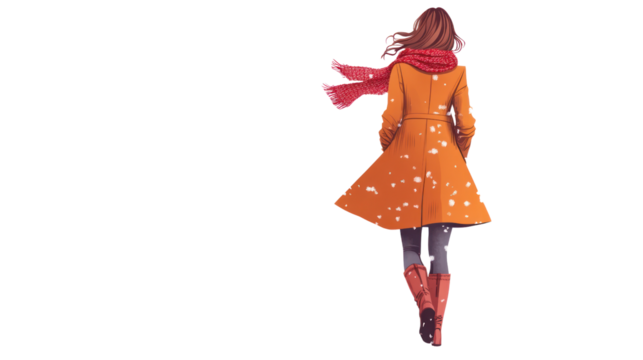 A woman walks gracefully in a stylish orange coat with a flowing scarf, embodying a sense of elegance and freedom amidst the serene winter landscape. - Powered by Adobe