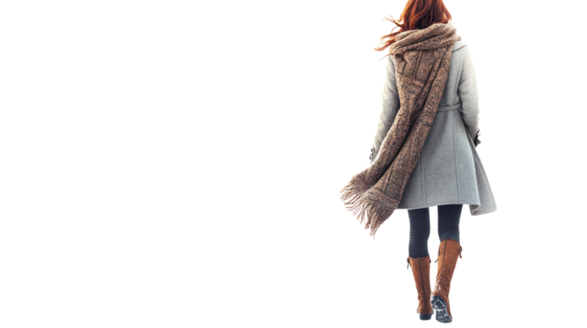 A woman walks away in a stylish outfit with a cozy scarf, embracing a sense of calm and comfort in her daily commute, perfect for lifestyle imagery. - Powered by Adobe