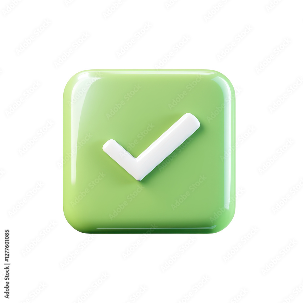 Poster 3d rendering of a green square with rounded corners and a checkmark on top against a transparent glo