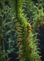 Naklejka premium A mass of caterpillars feeding on a tender shoot, invertebrate gathering, botanical devastation