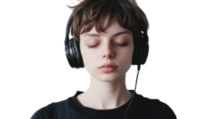 A young person wearing headphones, deeply immersed in music, showcasing a moment of tranquility and focus amidst a busy world.