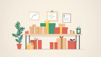 A colorful workspace filled with gifts and plants, showcasing creativity and organization.