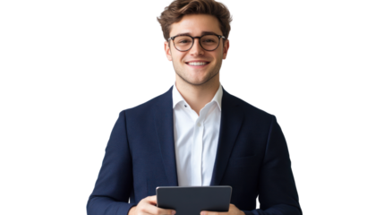 A young professional man in a suit, smiling confidently while holding a tablet. He represents the modern workforce and digital innovation in business.