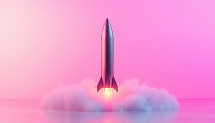 Obraz premium A sleek rocket launches against a vibrant pink background, surrounded by clouds of smoke, symbolizing innovation and exploration.