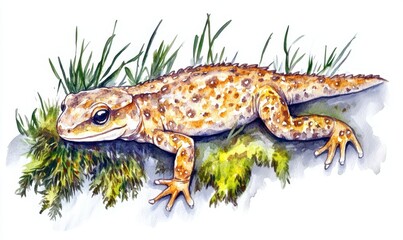Fototapeta premium A vibrant illustration of a spotted salamander resting on mossy ground with grass