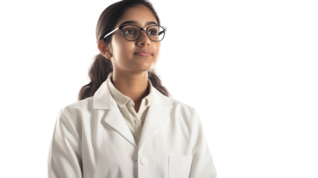 A young scientist in a lab coat stands confidently, symbolizing innovation and curiosity in the field of scientific research and discovery.